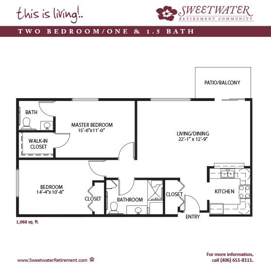 Sweetwater of Billings floor plan for the apartment with 1,068 sq ft and two beds, one and a half baths, and a patio