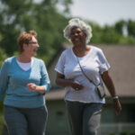 Two older women walking and laughing together